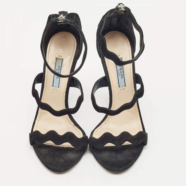 Pre Owned Prada Black Suede Wavy Ankle Strap Sandals Size 37.5