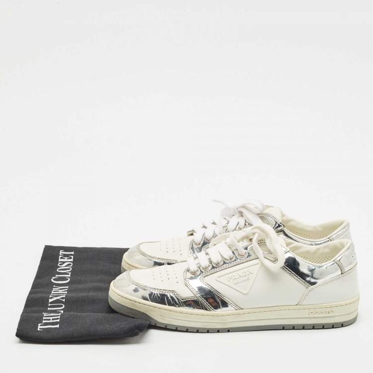Pre Owned Prada White/Silver Leather and Patent Leather Downtown Low Top Sneakers Size 39