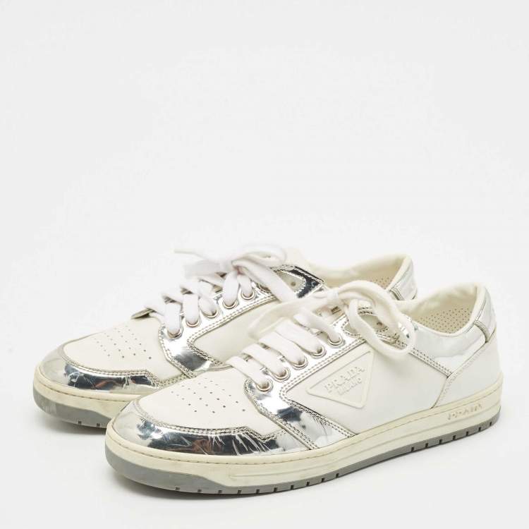 Pre Owned Prada White/Silver Leather and Patent Leather Downtown Low Top Sneakers Size 39