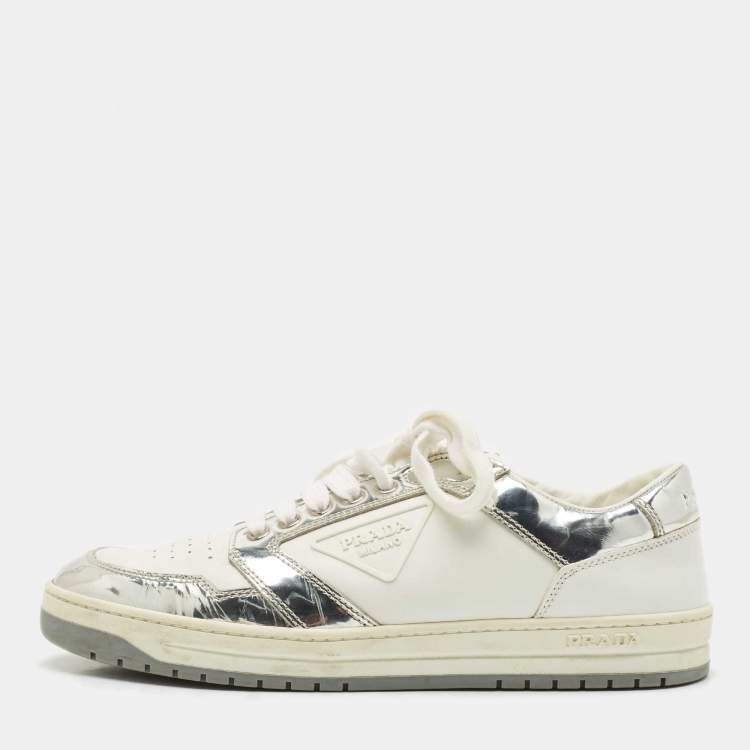 Pre Owned Prada White/Silver Leather and Patent Leather Downtown Low Top Sneakers Size 39