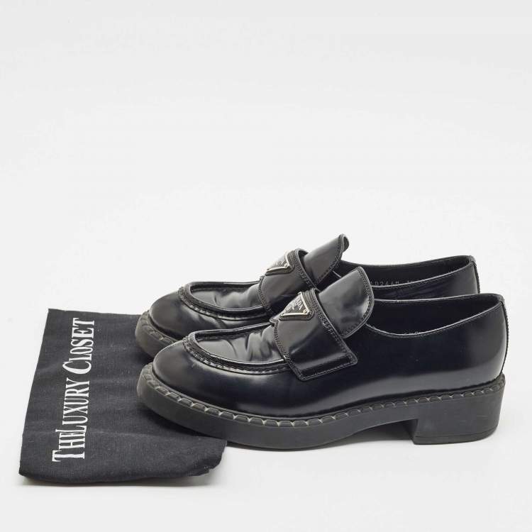 Pre Owned Prada Black Patent Leather Triangle Logo Platform Loafers Size 38