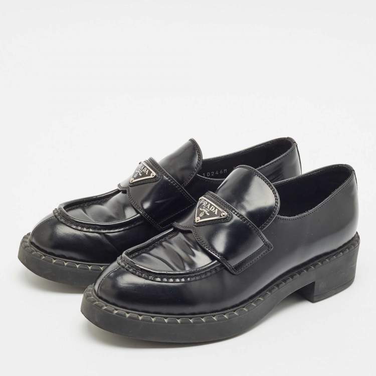 Pre Owned Prada Black Patent Leather Triangle Logo Platform Loafers Size 38