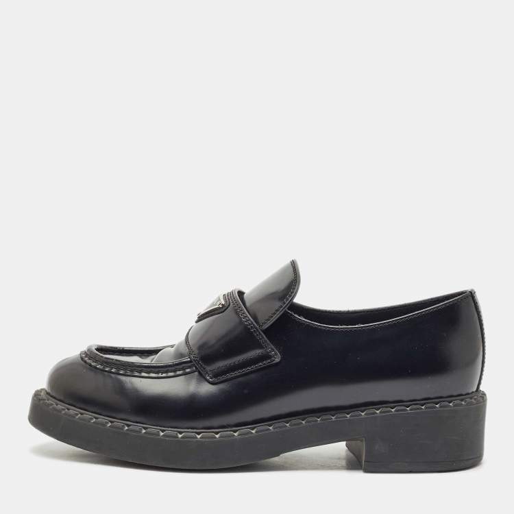 Pre Owned Prada Black Patent Leather Triangle Logo Platform Loafers Size 38