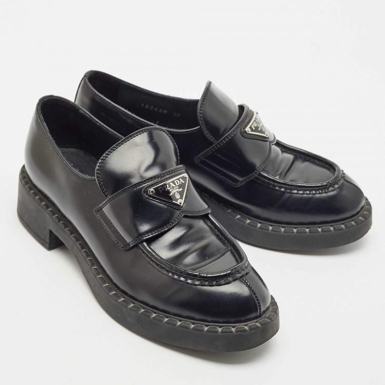 Pre Owned Prada Black Patent Leather Triangle Logo Platform Loafers Size 38