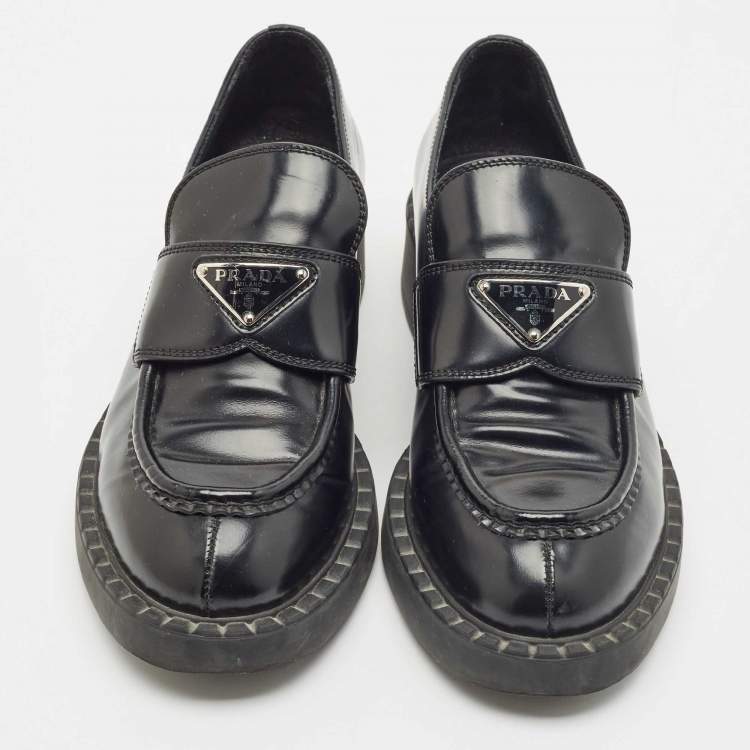 Pre Owned Prada Black Patent Leather Triangle Logo Platform Loafers Size 38