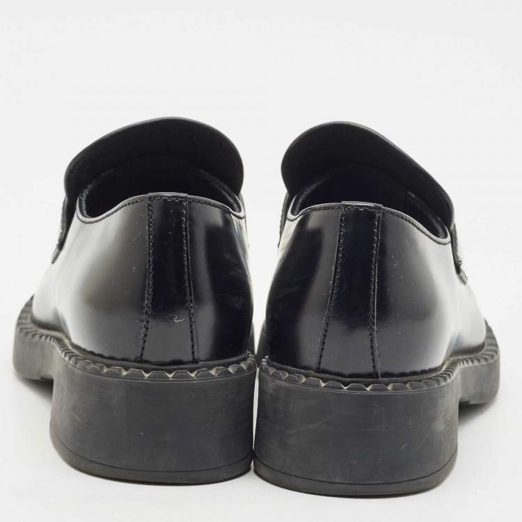 Pre Owned Prada Black Patent Leather Triangle Logo Platform Loafers Size 38