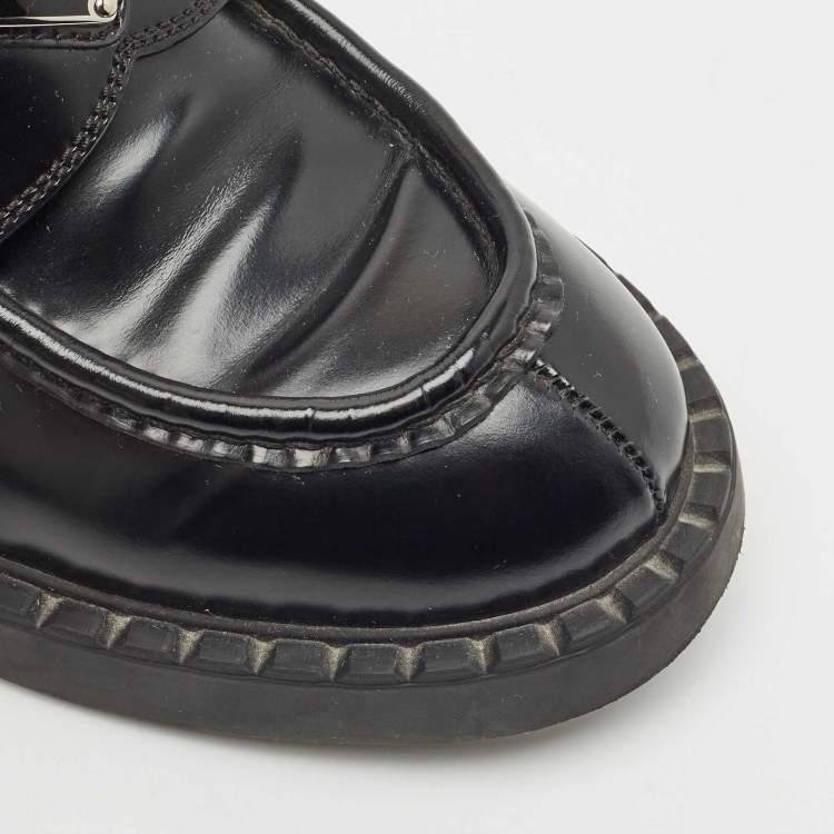 Pre Owned Prada Black Patent Leather Triangle Logo Platform Loafers Size 38