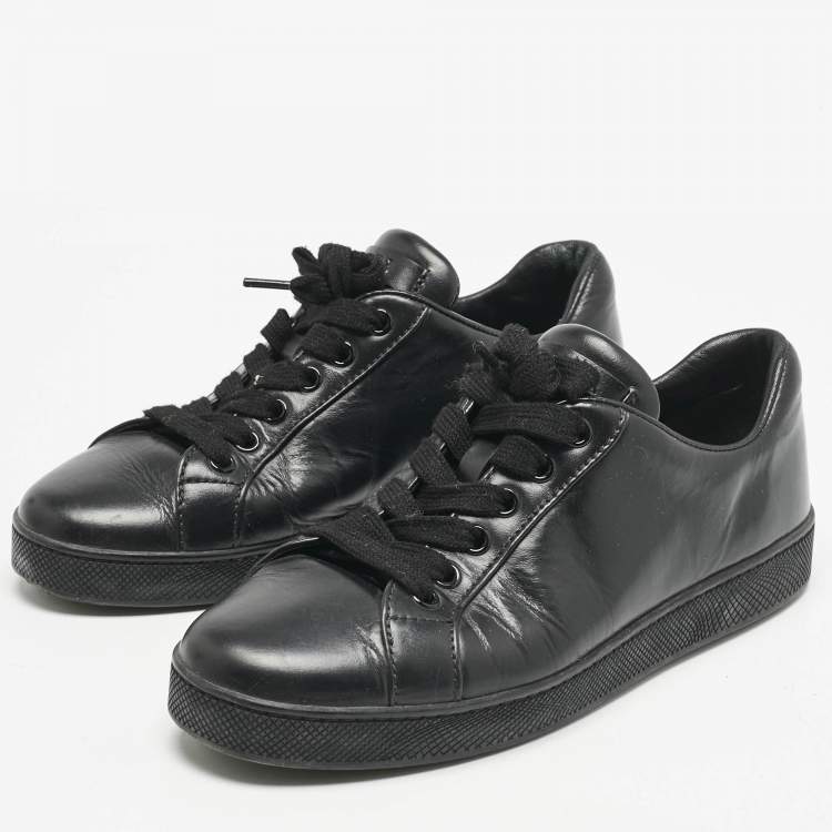 Pre Owned Prada Black Leather Lace Up Low Top Sneakers Size 37