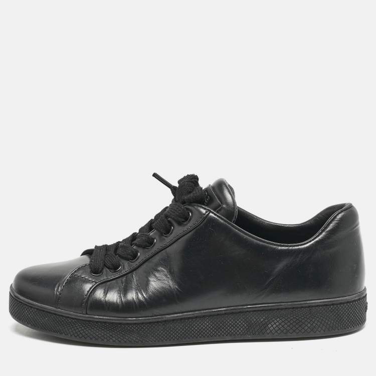 Pre Owned Prada Black Leather Lace Up Low Top Sneakers Size 37