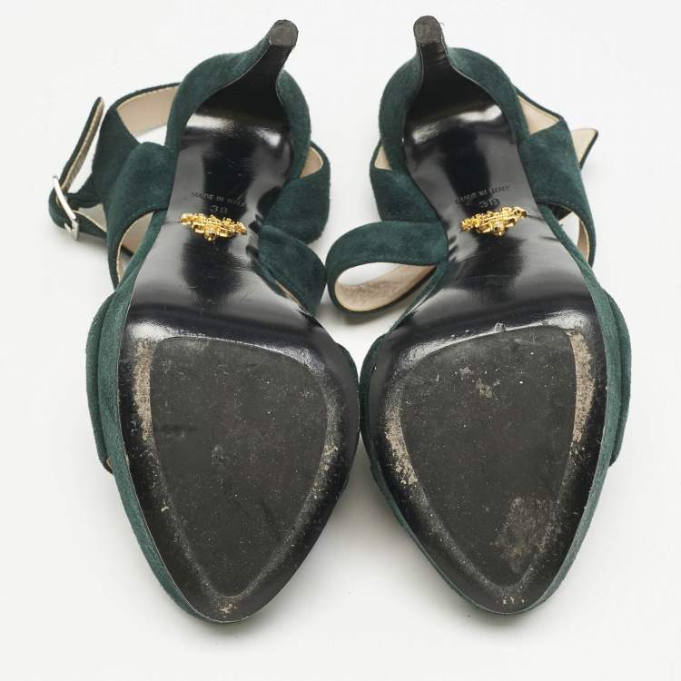 Pre Owned Prada Dark Green Suede Ankle Strappy Platform Sandals Size 38