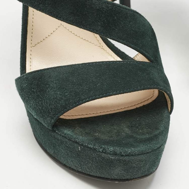 Pre Owned Prada Dark Green Suede Ankle Strappy Platform Sandals Size 38