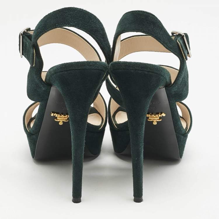 Pre Owned Prada Dark Green Suede Ankle Strappy Platform Sandals Size 38