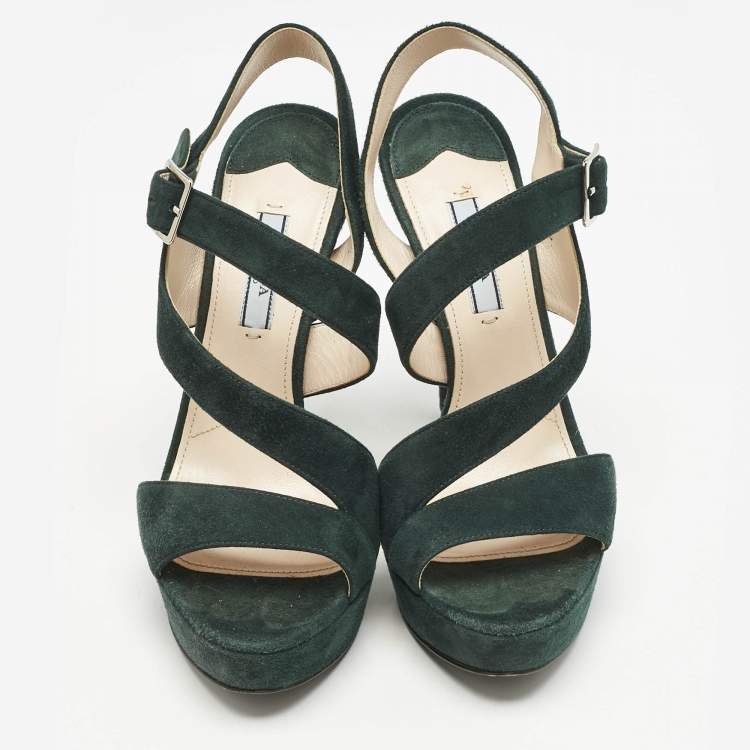 Pre Owned Prada Dark Green Suede Ankle Strappy Platform Sandals Size 38