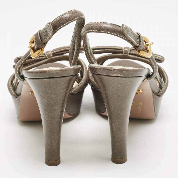 Pre Owned Prada Taupe Grey Leather Strappy Slingback Platform Sandals Size 38