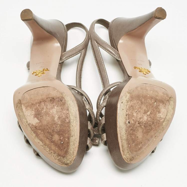 Pre Owned Prada Taupe Grey Leather Strappy Slingback Platform Sandals Size 38