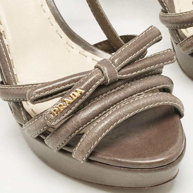 Pre Owned Prada Taupe Grey Leather Strappy Slingback Platform Sandals Size 38