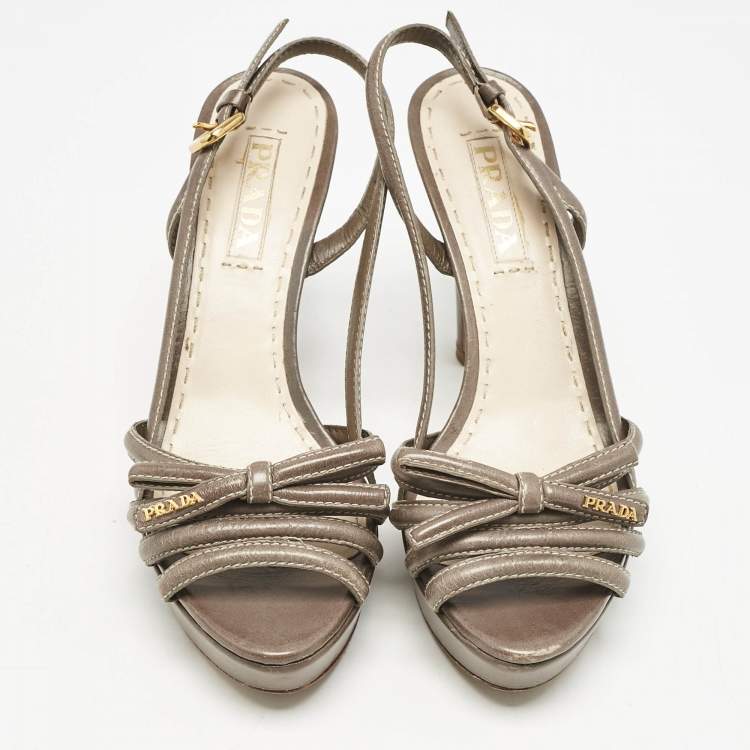 Pre Owned Prada Taupe Grey Leather Strappy Slingback Platform Sandals Size 38