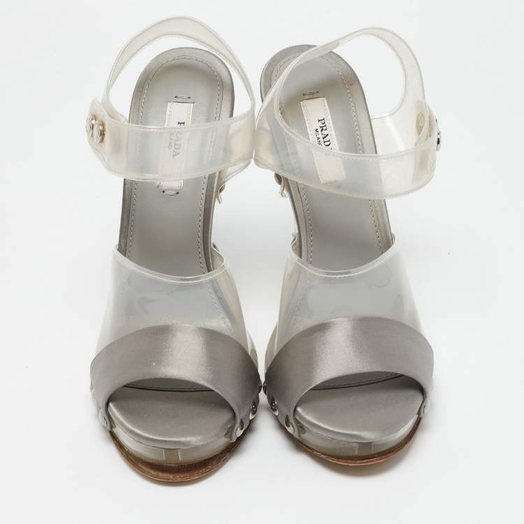 Pre Owned Prada Transparent PVC and Satin Ankle Strap Sandals Size 36.5