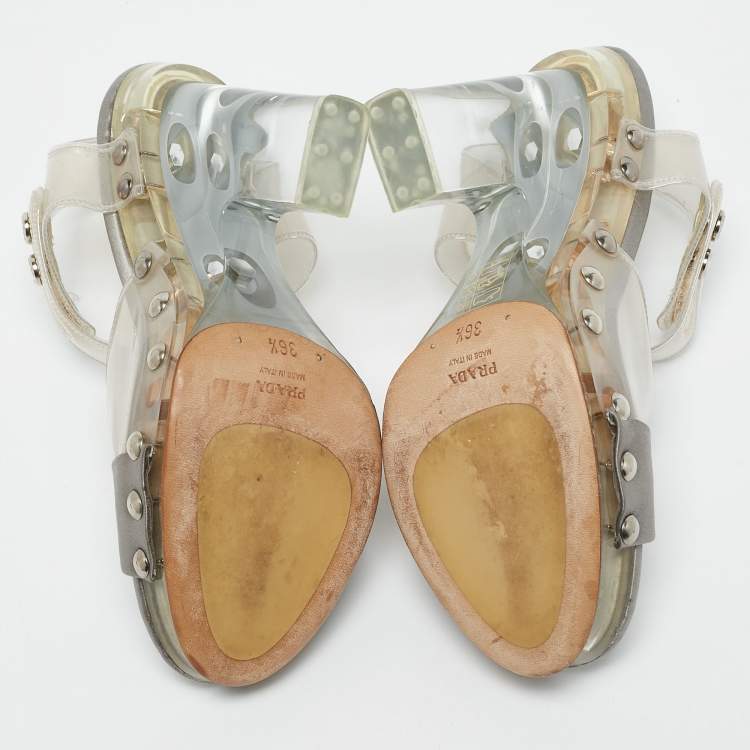 Pre Owned Prada Transparent PVC and Satin Ankle Strap Sandals Size 36.5