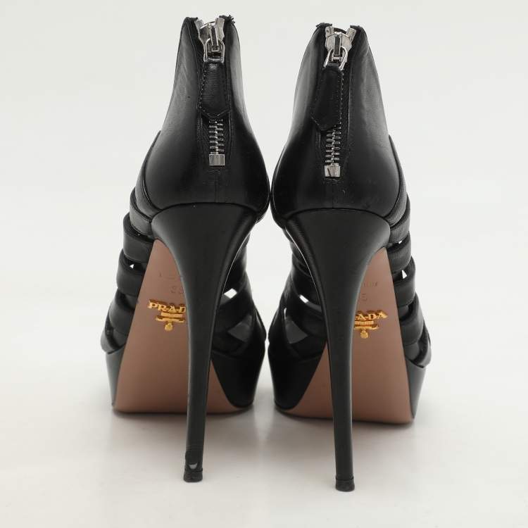 Pre Owned Prada Black Leather Caged Platform Sandals Size 35