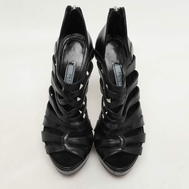 Pre Owned Prada Black Leather Caged Platform Sandals Size 35