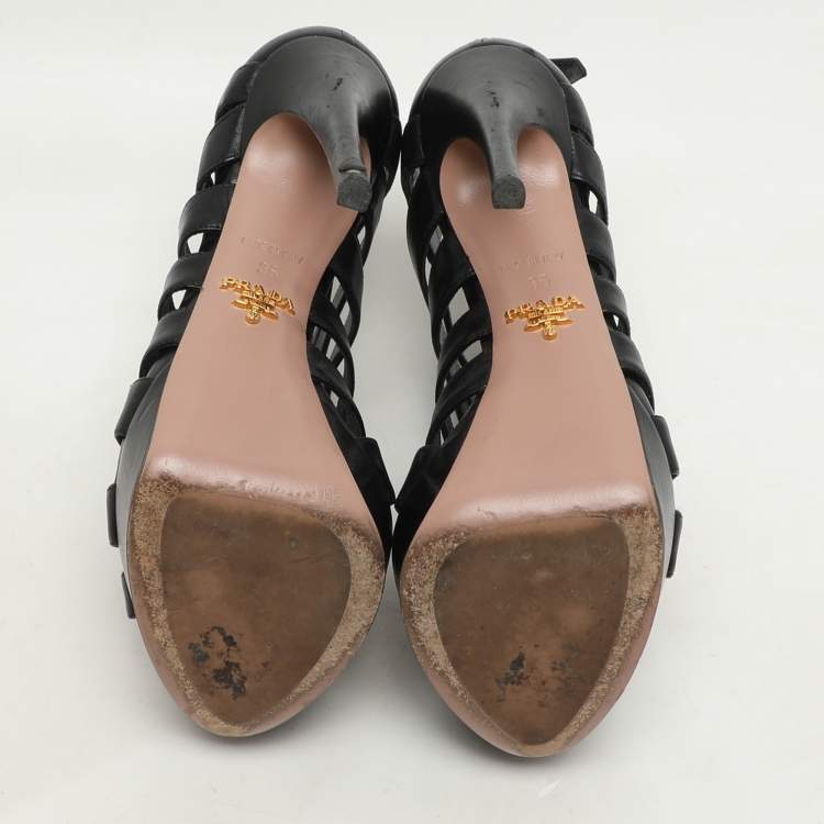 Pre Owned Prada Black Leather Caged Platform Sandals Size 35