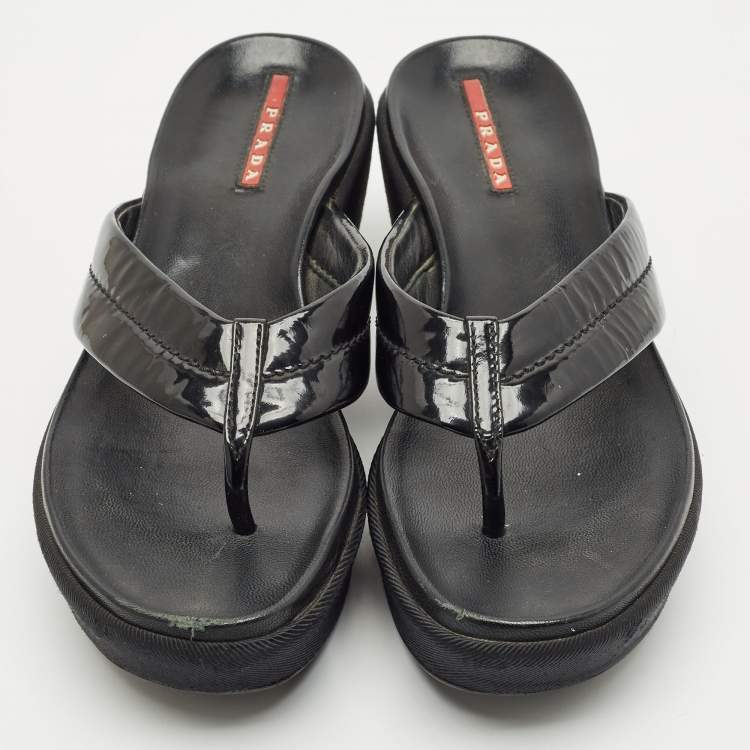 Pre Owned Prada Black Patent Leather Platform Thong Sandals Size 38