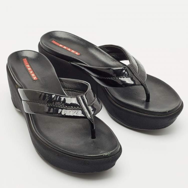 Pre Owned Prada Black Patent Leather Platform Thong Sandals Size 38