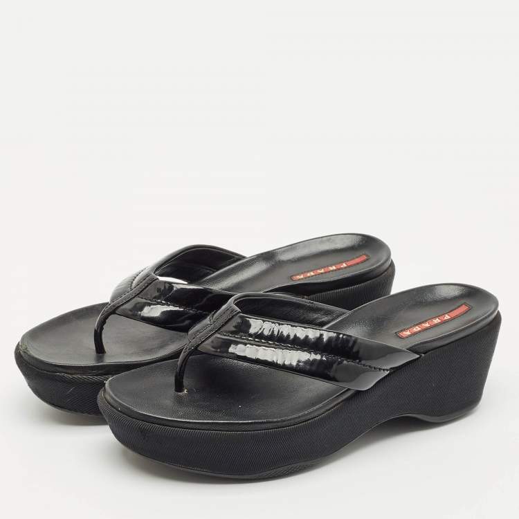 Pre Owned Prada Black Patent Leather Platform Thong Sandals Size 38