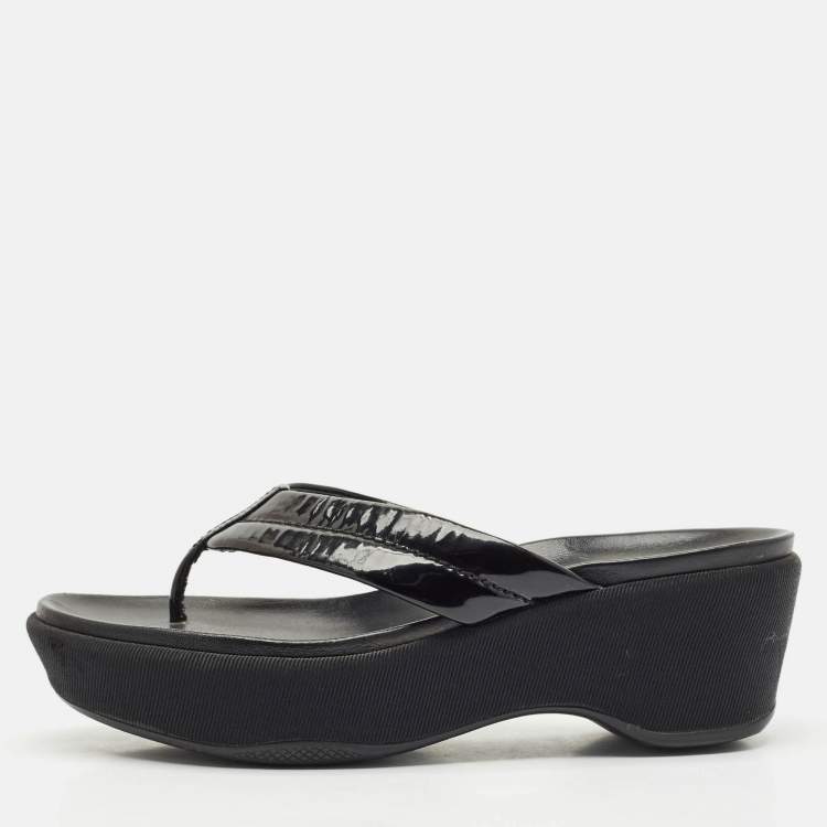 Pre Owned Prada Black Patent Leather Platform Thong Sandals Size 38