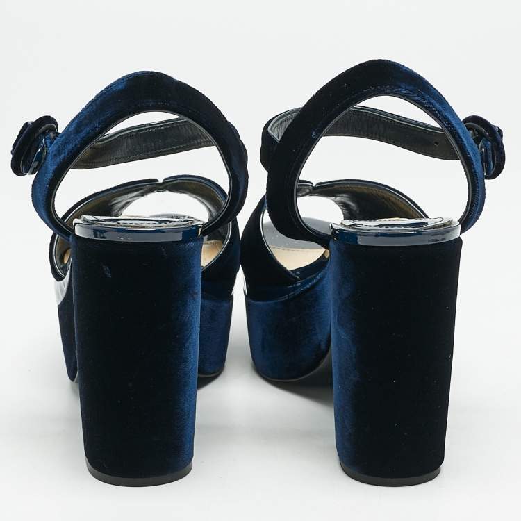 Pre Owned Prada Navy Blue Velvet Block Heel Platform Ankle Strap Sandals Size 38