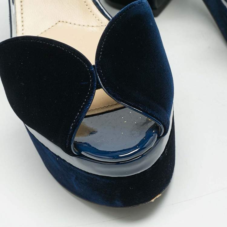 Pre Owned Prada Navy Blue Velvet Block Heel Platform Ankle Strap Sandals Size 38