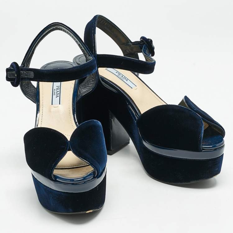 Pre Owned Prada Navy Blue Velvet Block Heel Platform Ankle Strap Sandals Size 38