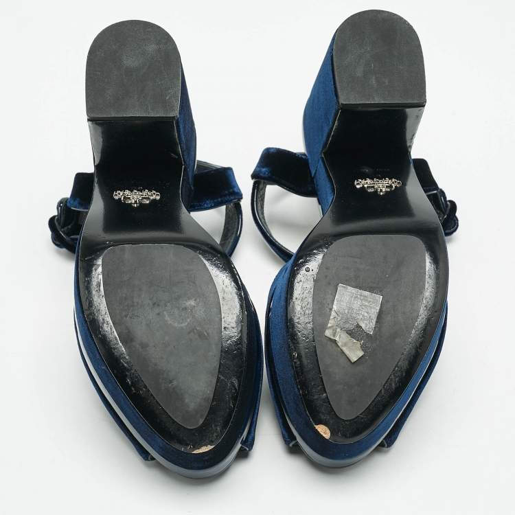 Pre Owned Prada Navy Blue Velvet Block Heel Platform Ankle Strap Sandals Size 38