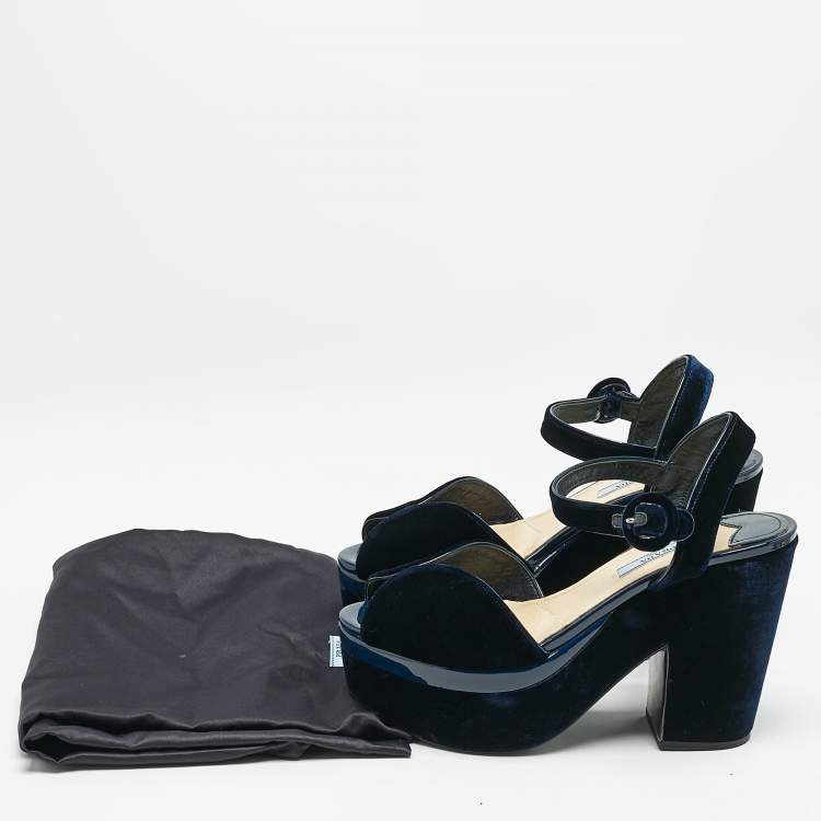 Pre Owned Prada Navy Blue Velvet Block Heel Platform Ankle Strap Sandals Size 38