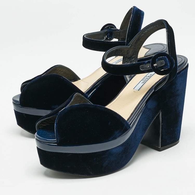 Pre Owned Prada Navy Blue Velvet Block Heel Platform Ankle Strap Sandals Size 38
