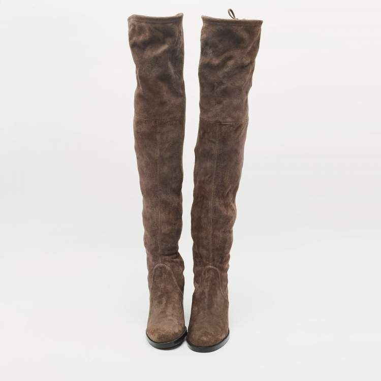 Pre Owned Stuart Weitzman Dark Grey Suede Lowland Over The Knee Boots Size 40