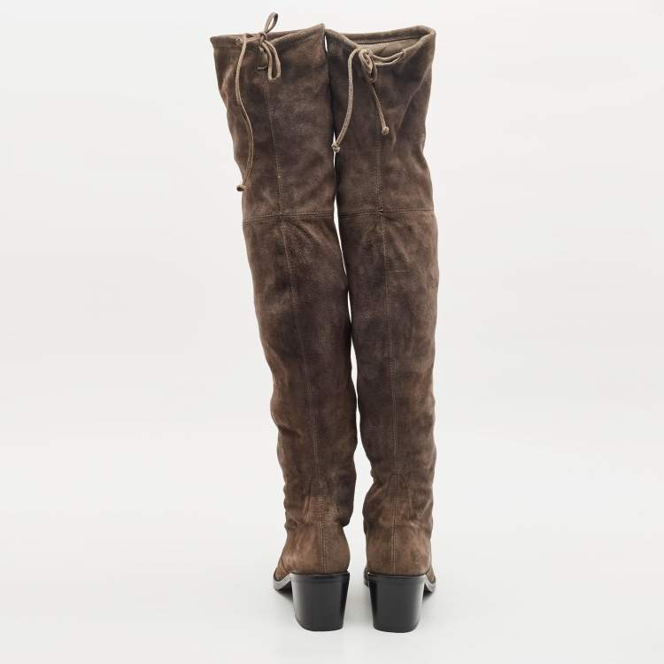 Pre Owned Stuart Weitzman Dark Grey Suede Lowland Over The Knee Boots Size 40
