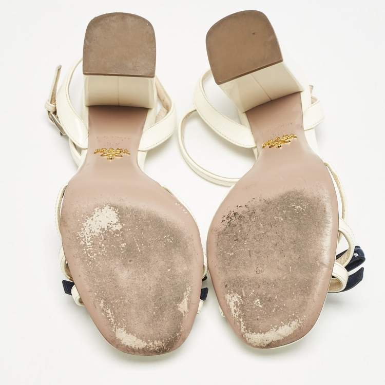 Pre Owned Prada Cream/Blue Patent Leather Ankle Strap Sandals Size 36.5