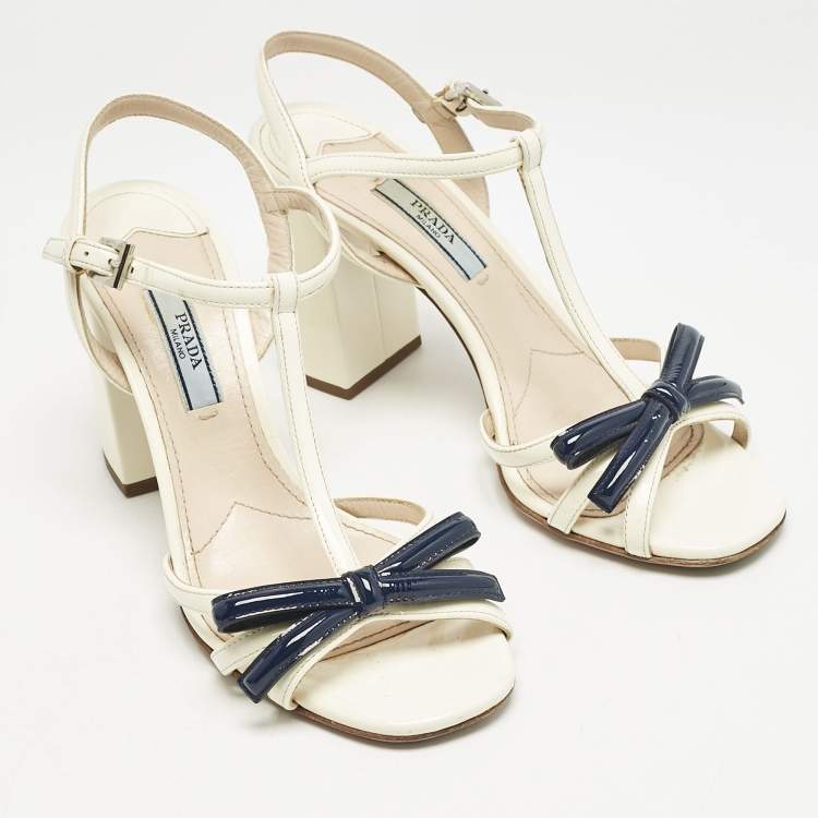 Pre Owned Prada Cream/Blue Patent Leather Ankle Strap Sandals Size 36.5