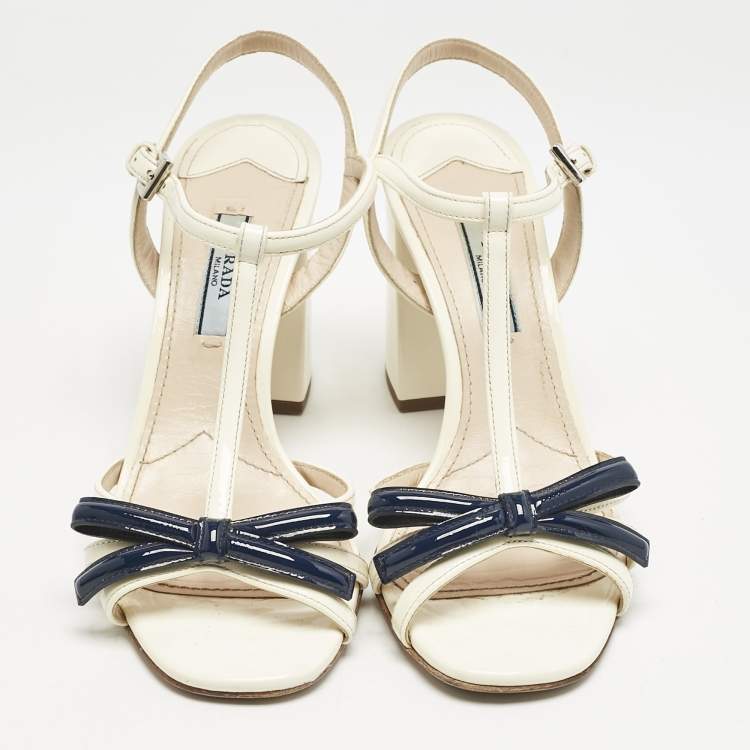 Pre Owned Prada Cream/Blue Patent Leather Ankle Strap Sandals Size 36.5