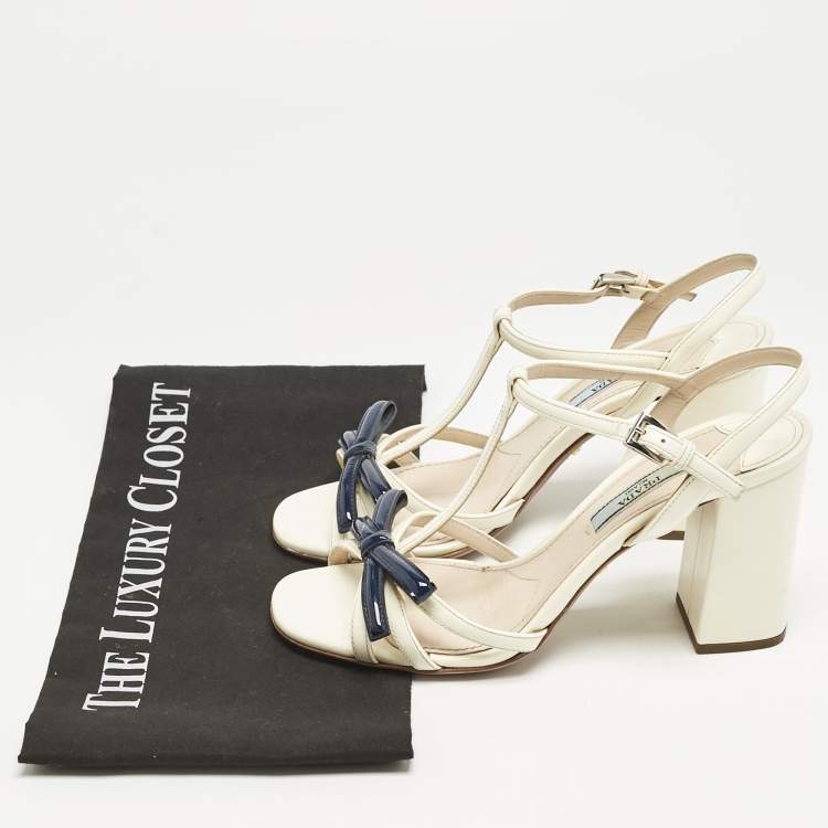 Pre Owned Prada Cream/Blue Patent Leather Ankle Strap Sandals Size 36.5