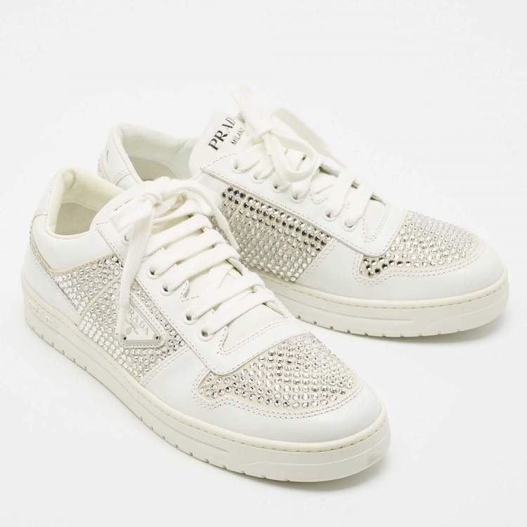 Pre Owned Prada White Leather Crystals Embellished Low Top Sneakers Size 39