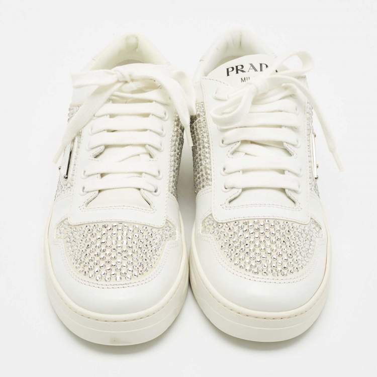 Pre Owned Prada White Leather Crystals Embellished Low Top Sneakers Size 39