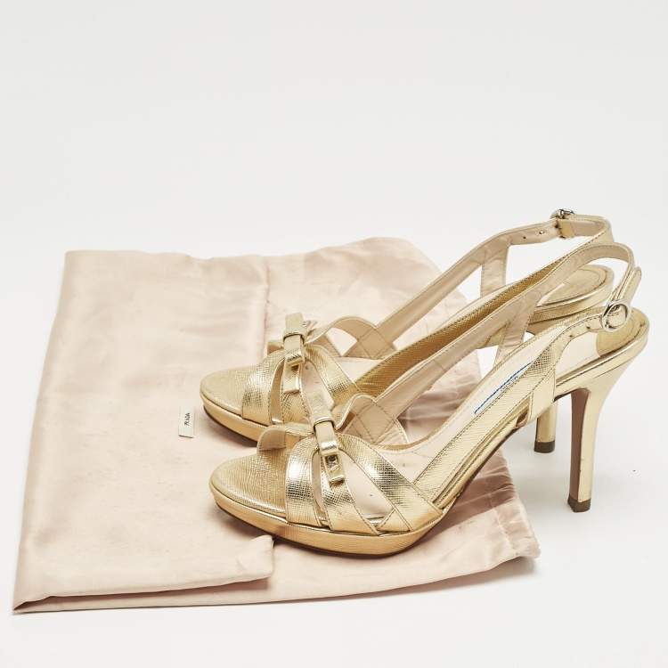 Pre Owned Prada Gold Leather Bow Strappy Slingback Sandals Size 35
