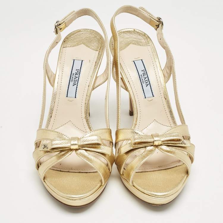 Pre Owned Prada Gold Leather Bow Strappy Slingback Sandals Size 35