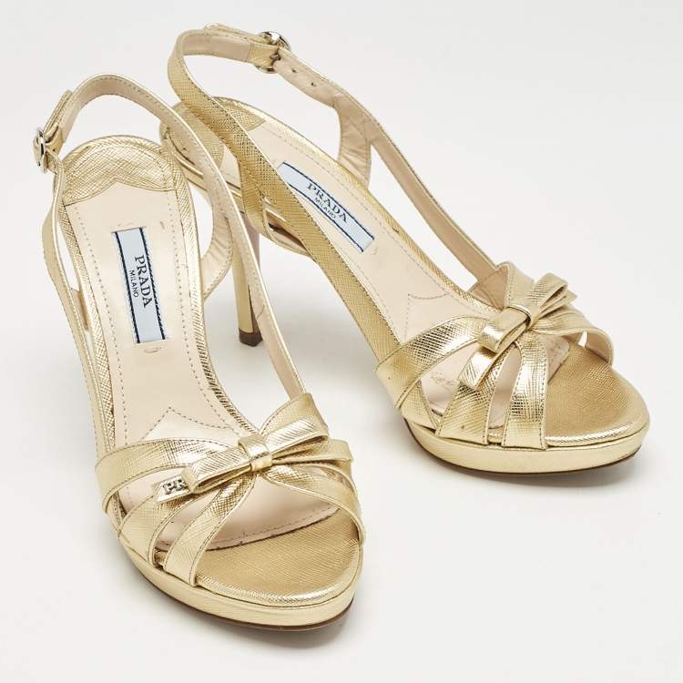 Pre Owned Prada Gold Leather Bow Strappy Slingback Sandals Size 35