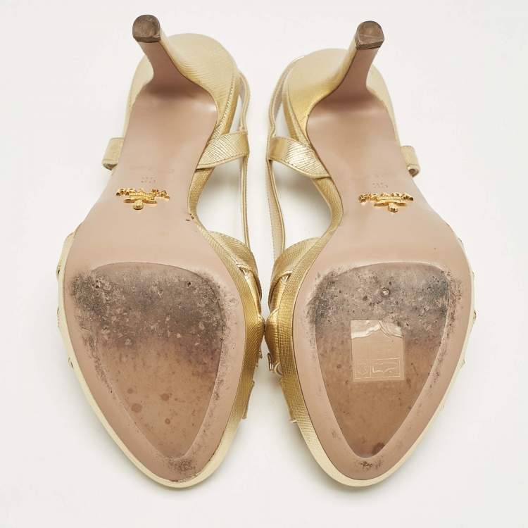 Pre Owned Prada Gold Leather Bow Strappy Slingback Sandals Size 35