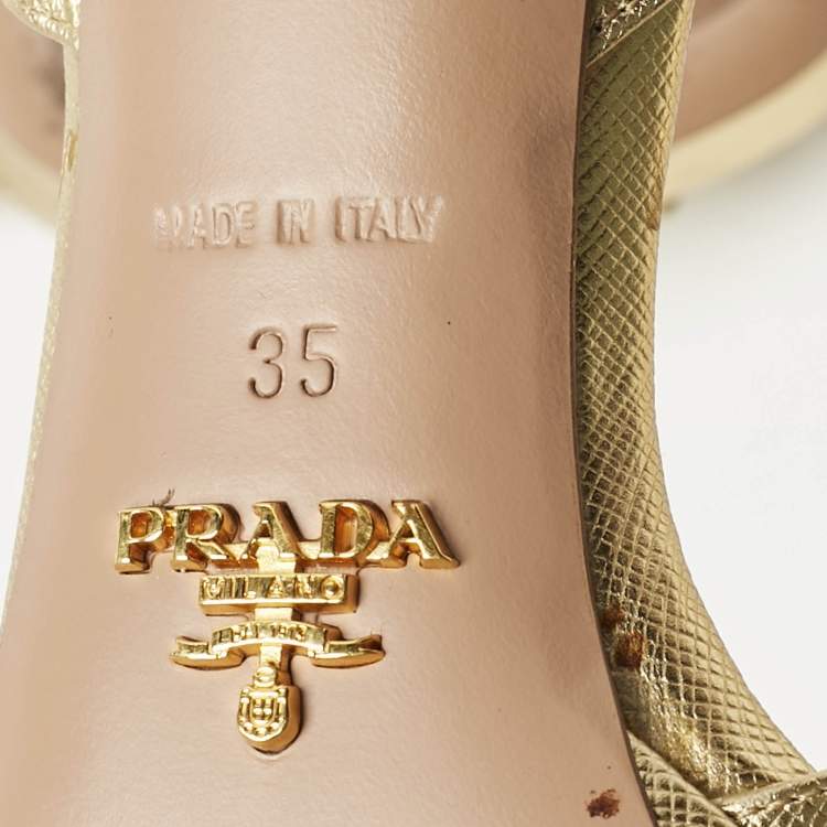 Pre Owned Prada Gold Leather Bow Strappy Slingback Sandals Size 35