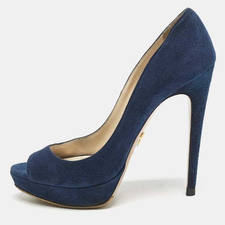 Pre Owned Prada Blue Suede Peep Toe Platform Pumps Size 37.5